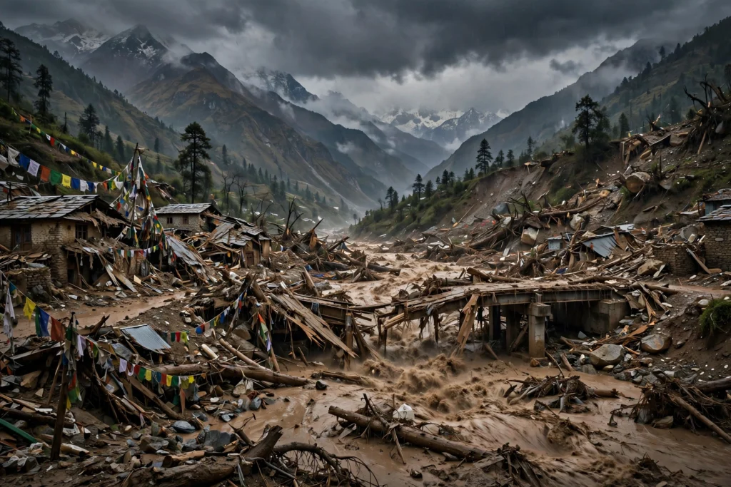 Himalayan mountain valley with muddy floodwater and debris flow