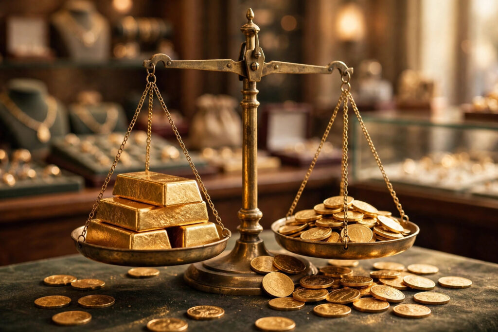 سونے کی قیمت — صرافہ بازار میں سونا تولنے کا ترازو / Gold bars and coins on a jeweller's scale