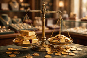 سونے کی قیمت — صرافہ بازار میں سونا تولنے کا ترازو / Gold bars and coins on a jeweller's scale