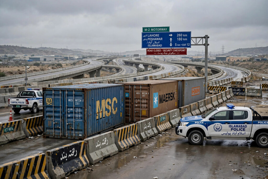 Swabi highway interchange blocked with containers — file image / صوابی ہائی وے انٹرچینج کنٹینرز سے بند — فائل فوٹو