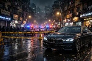Tiger Shroff car firing Juhu Mumbai — black BMW at night with police cordon (AI illustration)