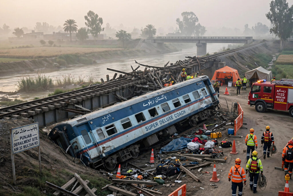 Derailed passenger train coaches off tracks near bridge — file image / پٹڑی سے اتری مسافر ٹرین کی بوگیاں — فائل فوٹو