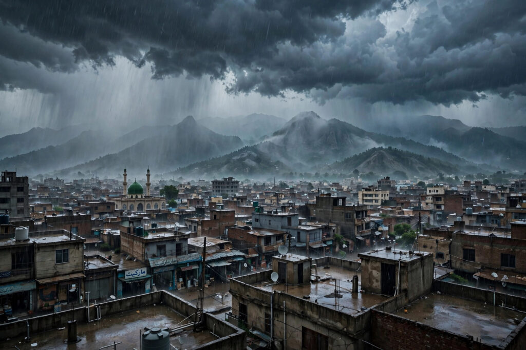 موسلا دھار بارش کے کالے بادل پاکستانی شہر اور پہاڑوں پر / Dark rain clouds over a Pakistani city and mountains