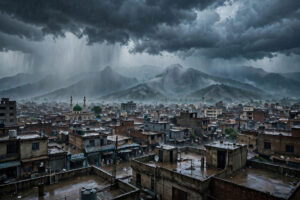 موسلا دھار بارش کے کالے بادل پاکستانی شہر اور پہاڑوں پر / Dark rain clouds over a Pakistani city and mountains