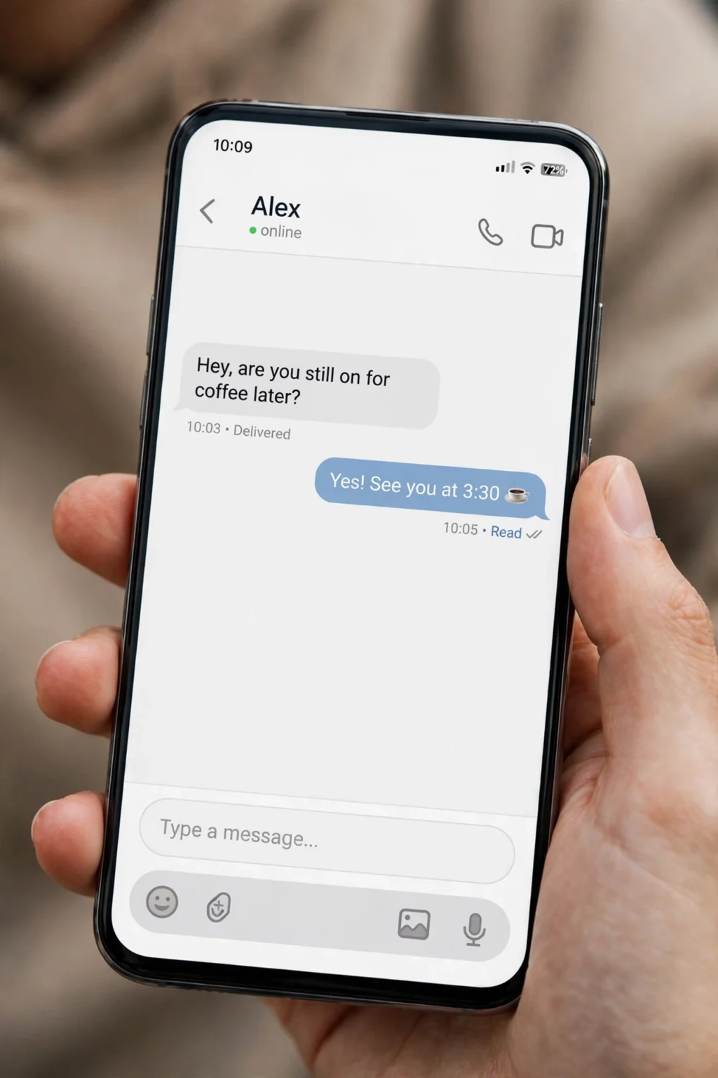Smartphone showing a modern messaging app chat interface