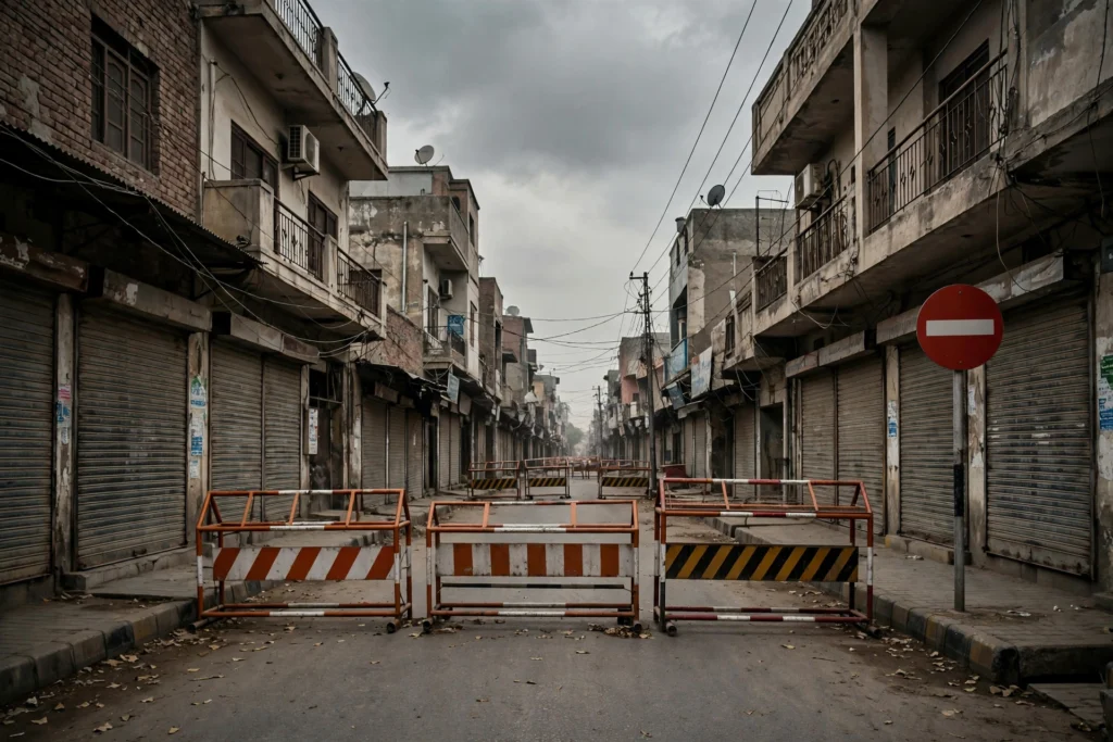 دفعہ 144 کے نفاذ کی علامتی تصویر — خالی سڑک پر رکاوٹیں