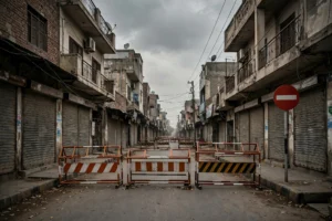 دفعہ 144 کے نفاذ کی علامتی تصویر — خالی سڑک پر رکاوٹیں